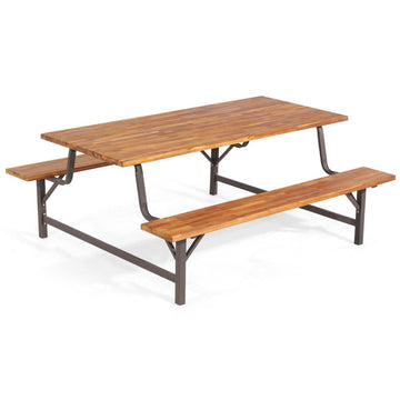 71 in. Brown Rectangle Composite Metal Picnic Table Seats 6 People with Umbrella Hole