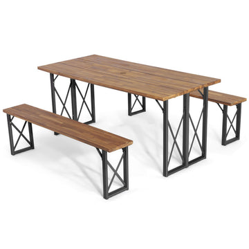 67 in. Brown Rectangle Composite Metal Picnic Table Seats 6 People with Umbrella Hole