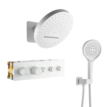 Luxury Thermostatic Shower System with Hanheld Shower Head 16 Inches Rainfall Shower Head Roud Waterfall & Rainfall Shower Head Ceiling Mount Shower Faucet Set Matte White