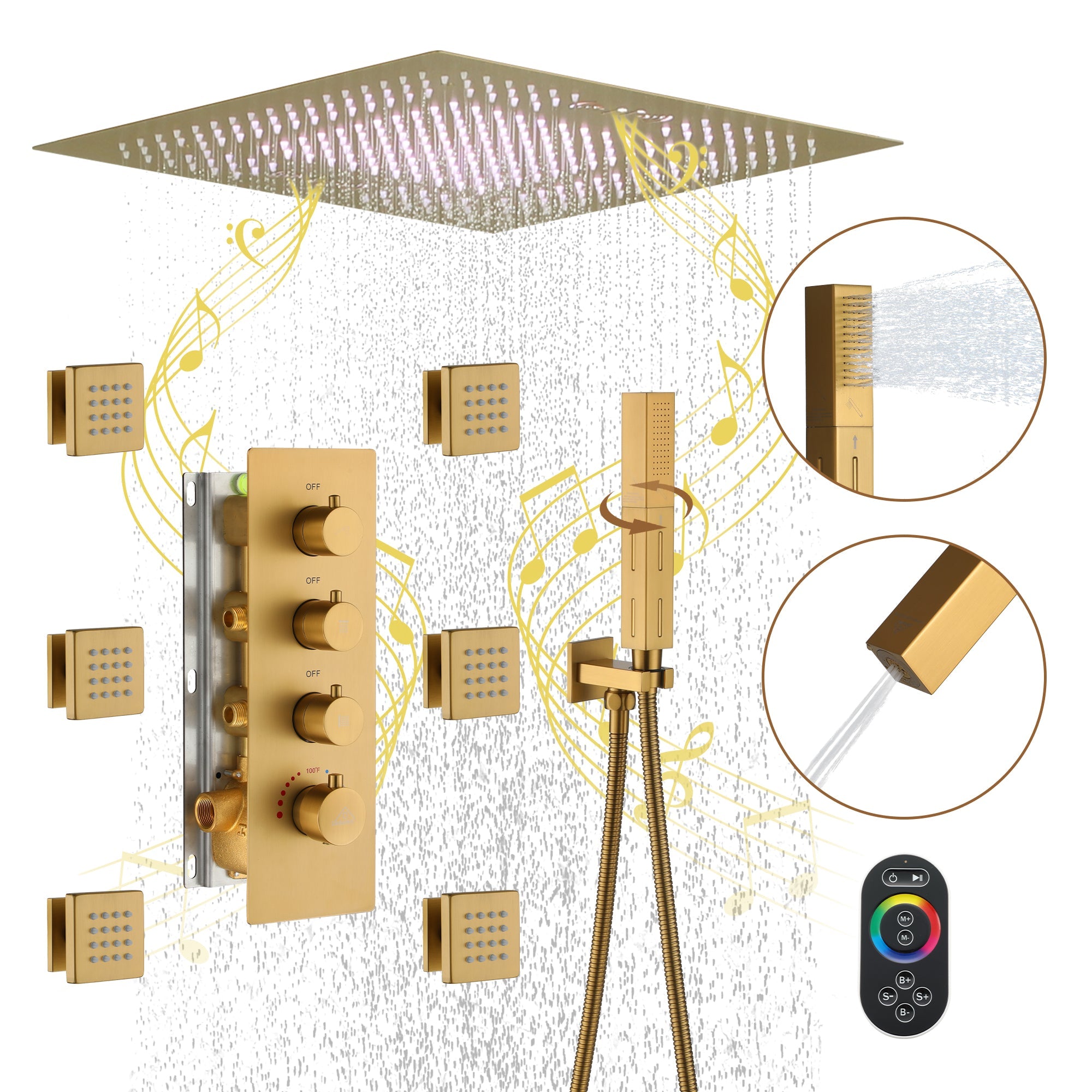 3 Functions Luxury Shower System 64 Color Changeable LED Ceiling Shower Head with Handheld Shower and Body Jets, Brushed Gold