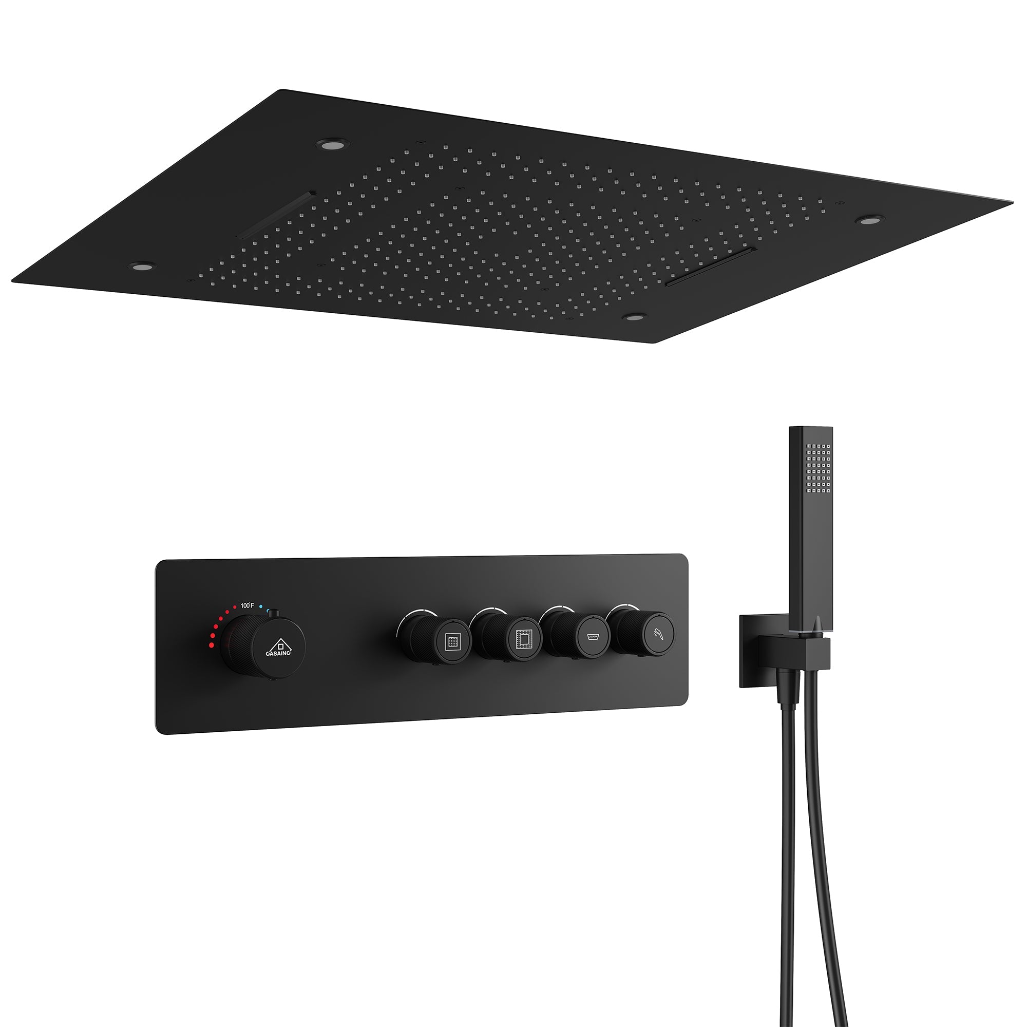 23 Inch Thermostatic Rainfall Shower System with Handheld Sprayer Rainfall Ceiling Shower Head with LED Lights Matte Black Wall Mounted Shower System