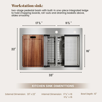 33 in. Drop-in 18-Gauge Stainless Steel Kitchen Sink with Cutting Board, Colander and Rolling Drying Rack