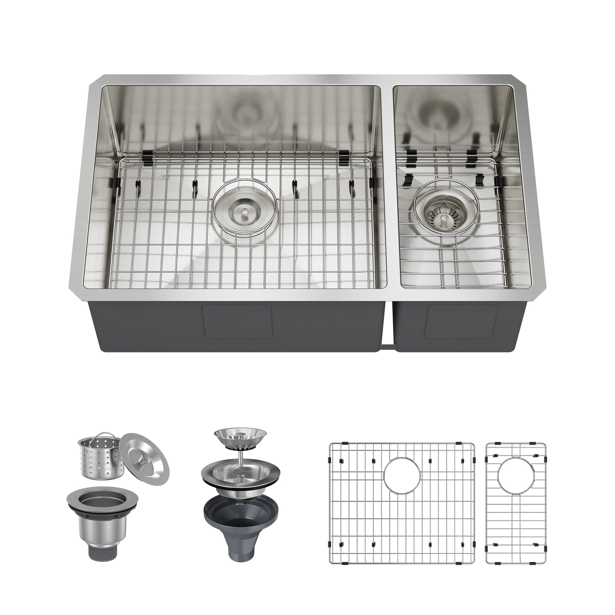 32 in. Undermount 60/40 Double Bowl 18-Gauge Stainless Steel Kitchen Sink with Bottom Grids and Strainer Basket