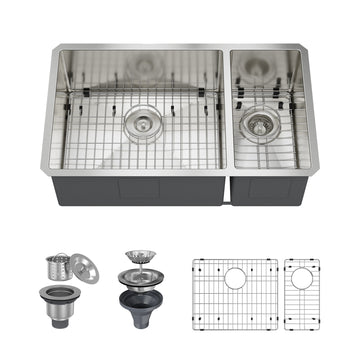 32 in. Undermount 60/40 Double Bowl 18-Gauge Stainless Steel Kitchen Sink with Bottom Grids and Strainer Basket