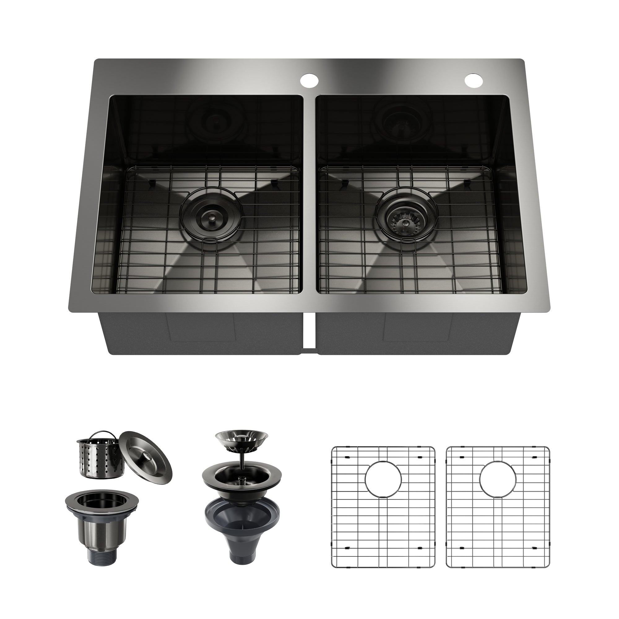 33 in. Drop-In Double Bowl 18-Gauge Stainless Steel Kitchen Sink with Bottom Grids and Strainer Basket
