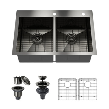 33 in. Drop-In Double Bowl 18-Gauge Stainless Steel Kitchen Sink with Bottom Grids and Strainer Basket