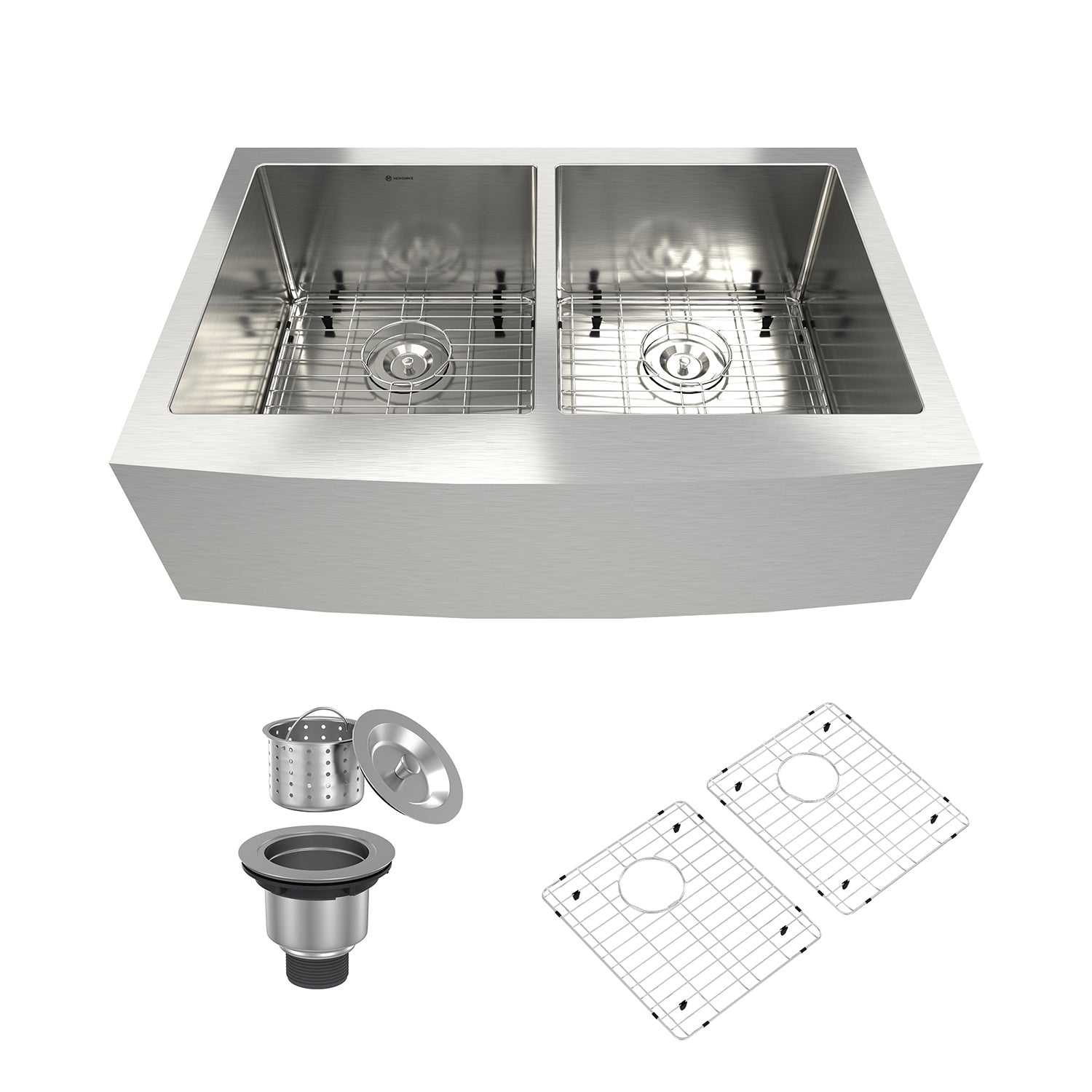 33 in. Farmhouse/Apron-Front Double Bowl 18 Gauge Stainless Steel Kitchen Sink with Bottom Grids and Strainer Basket