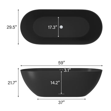 59 in. x 30 in. Solid Surface Stone Resin Freestanding Soaking Bathtub with Center Drain, Drainer, Hose in Matte Black