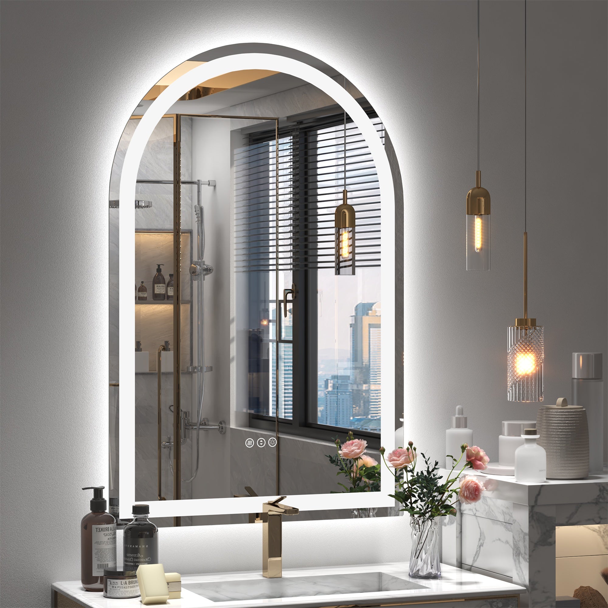 Arched Frontlit Glass Bathroom Vanity Mirror with Dimmable LED Lights and Fog-Free Function 20-in x 30-in