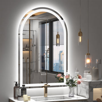 Arched Frontlit Glass Bathroom Vanity Mirror with Dimmable LED Lights and Fog-Free Function 20-in x 30-in
