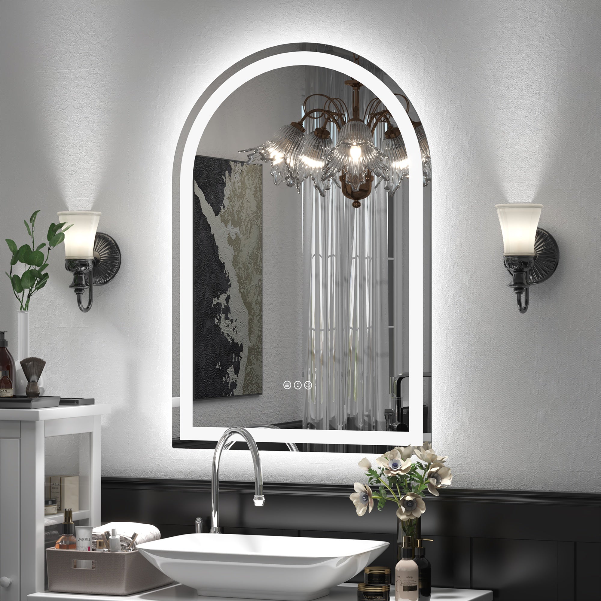 Arched Frontlit Glass Bathroom Vanity Mirror with Dimmable LED Lights and Fog-Free Function 22-in x 32-in
