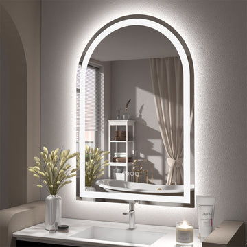 Arched Frontlit Glass Bathroom Vanity Mirror with Dimmable LED Lights and Fog-Free Function 24-in x 36-in
