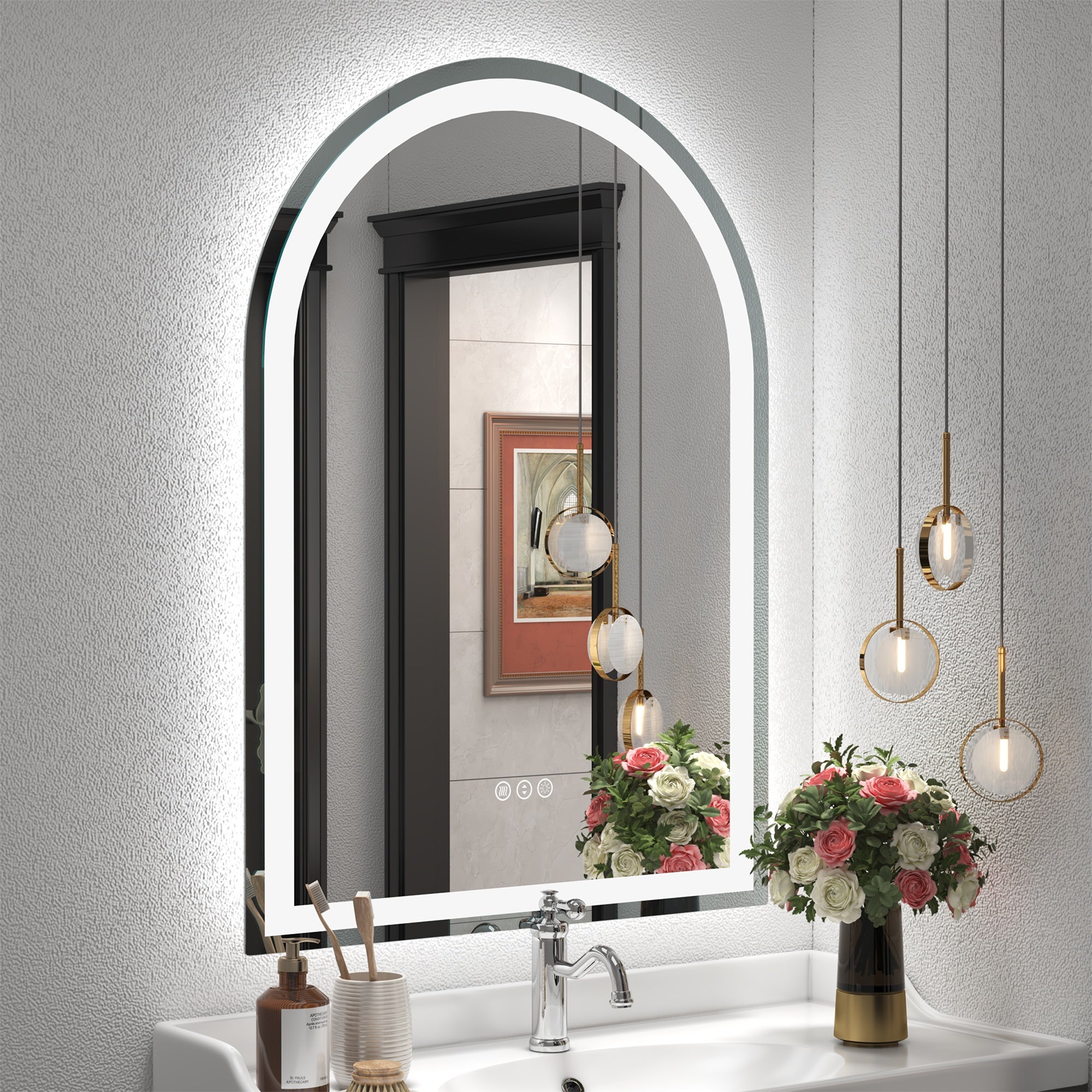 Arched Frontlit Glass Bathroom Vanity Mirror with Dimmable LED Lights and Fog-Free Function 26-in x 38-in