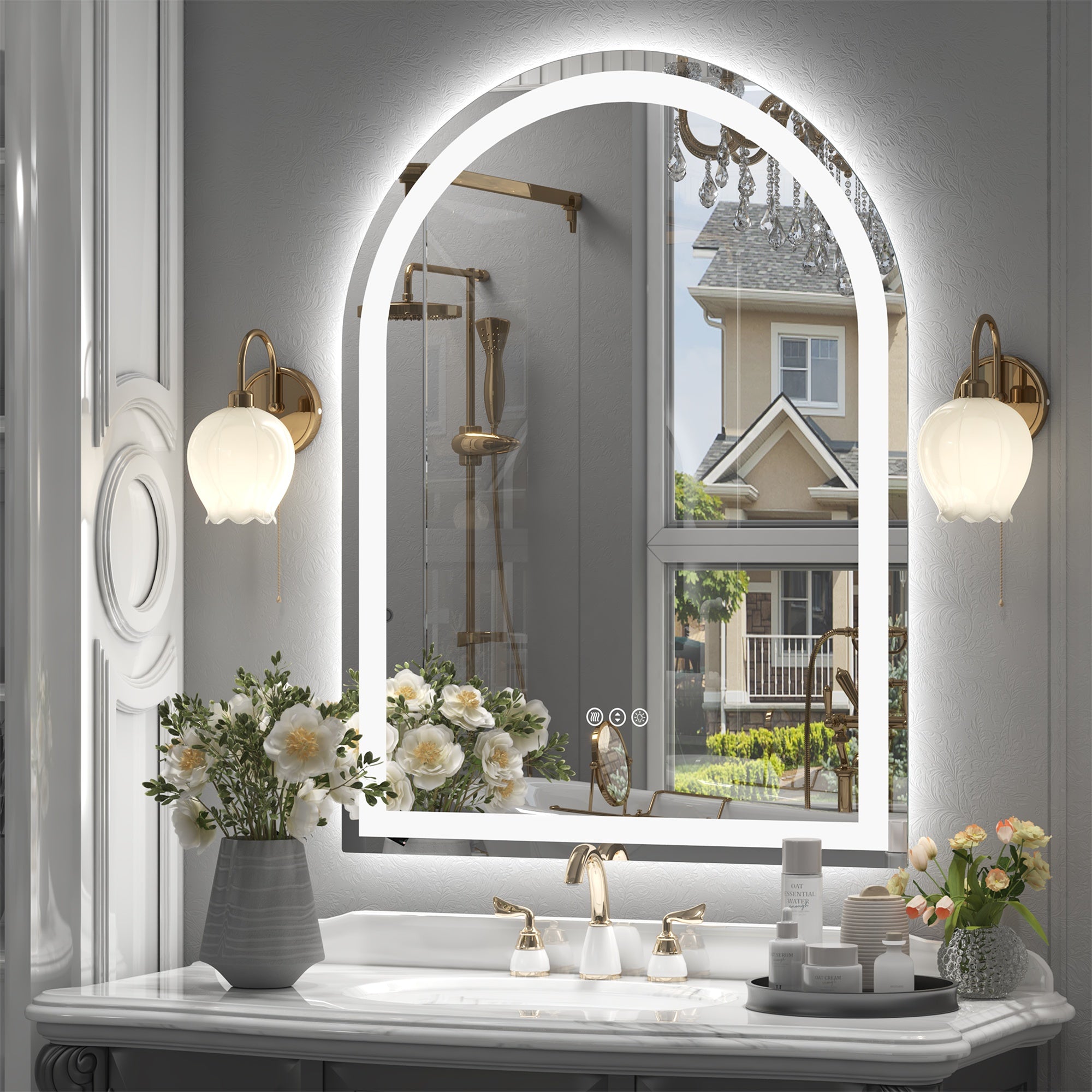Arched Frontlit Glass Bathroom Vanity Mirror with Dimmable LED Lights and Fog-Free Function 28-in x 38-in