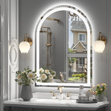Arched Frontlit Glass Bathroom Vanity Mirror with Dimmable LED Lights and Fog-Free Function 30-in x 40-in