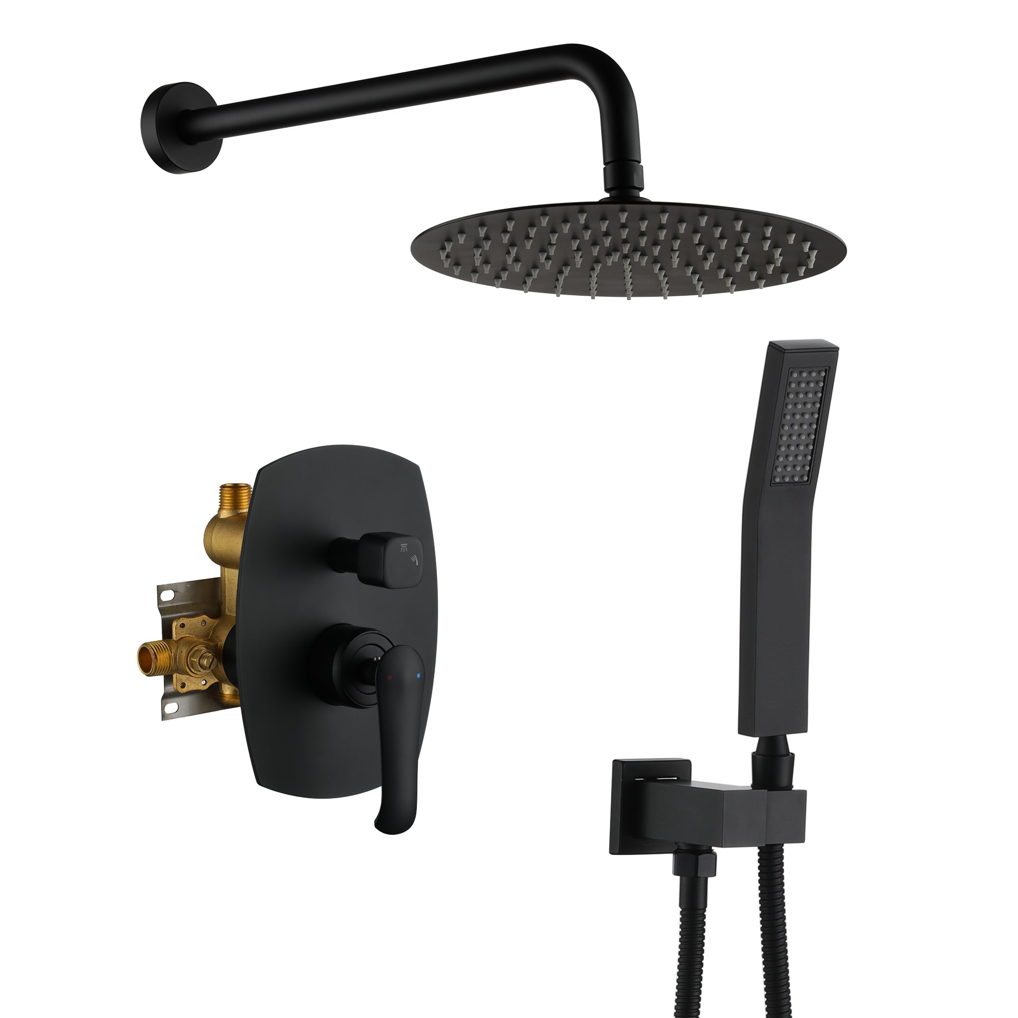 1-Spray Patterns with 2.5 GPM 10 in. Round Wall Mount Dual Shower Heads with Pressure Balance Valve in Matte Black