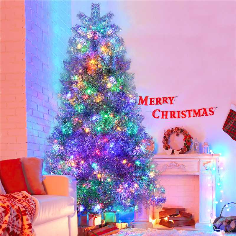 7.4FT Sliver Pre-Lit Artificial Christmas Tree, Hinged Full Tree with Metal Stand, 1200 Branch Tips, 400 LED Lights,11 Lighting Modes, Holiday Decoration Tree for Indoor and Outdoor