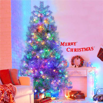 7.4FT Sliver Pre-Lit Artificial Christmas Tree, Hinged Full Tree with Metal Stand, 1200 Branch Tips, 400 LED Lights,11 Lighting Modes, Holiday Decoration Tree for Indoor and Outdoor