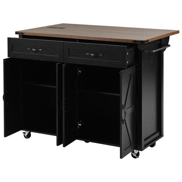 53.5 Inches Farmhouse Kitchen Island with Power Outlet, Kitchen Storage Island with Drop Leaf, Spice Rack and Drawer, Rolling Kitchen Cart on Wheels