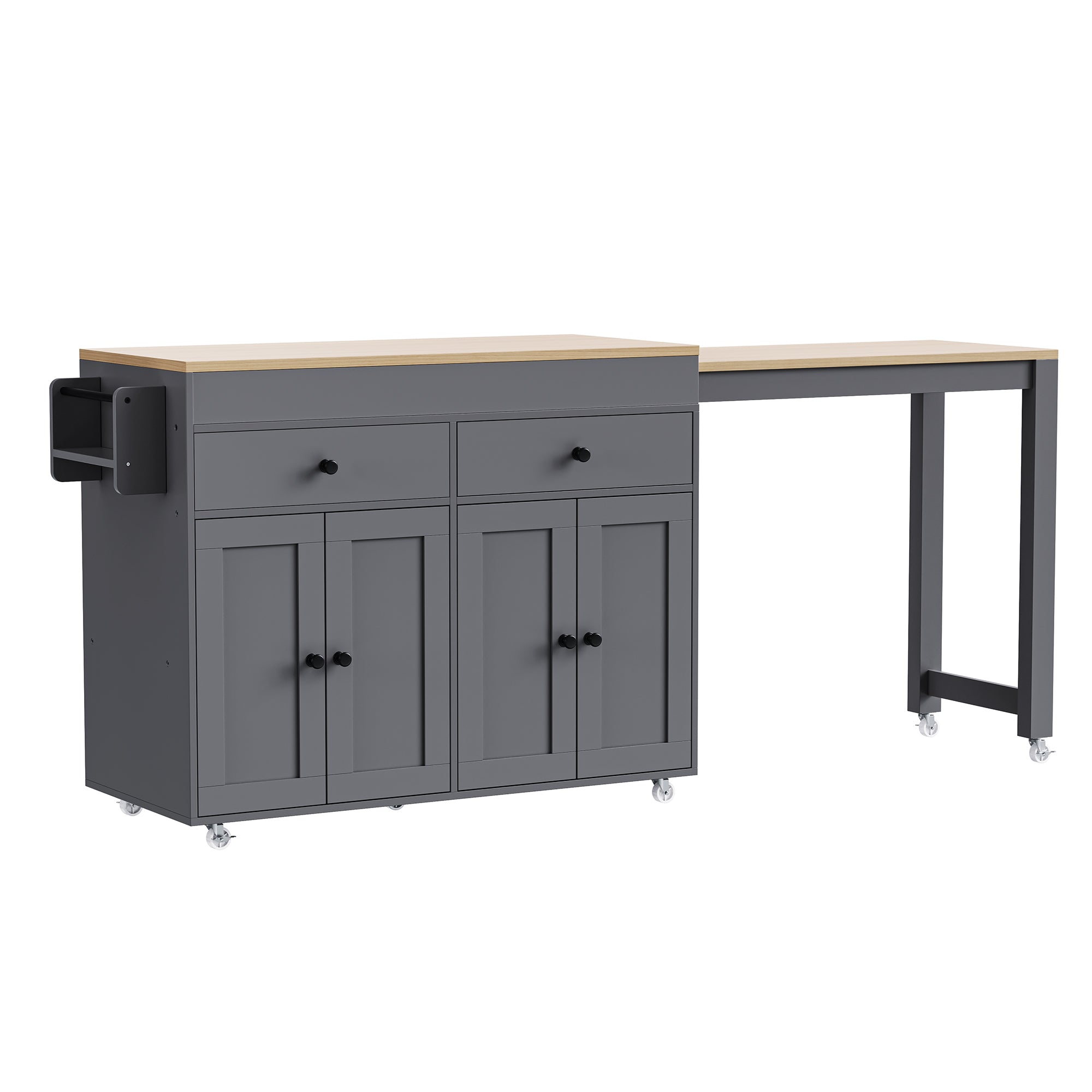 74.5 Inch Extendable Kitchen Island with Dining Table Rolling Storage Cart with Spice Rack Drawers and 4 Door Cabinet Grey