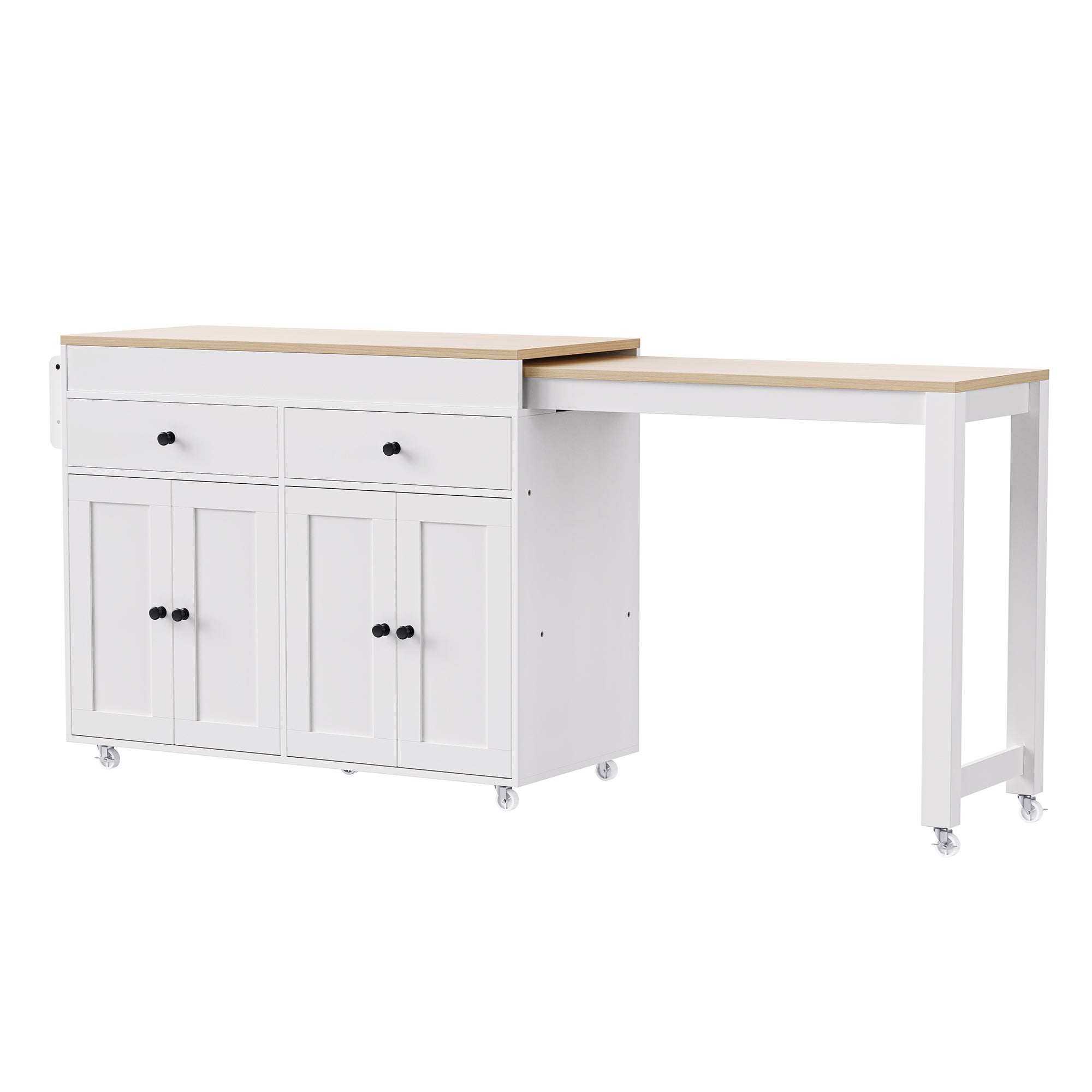 74.5 Inch Extendable Kitchen Island with Dining Table Rolling Storage Cart with Spice Rack Drawers and 4 Door Cabinet White