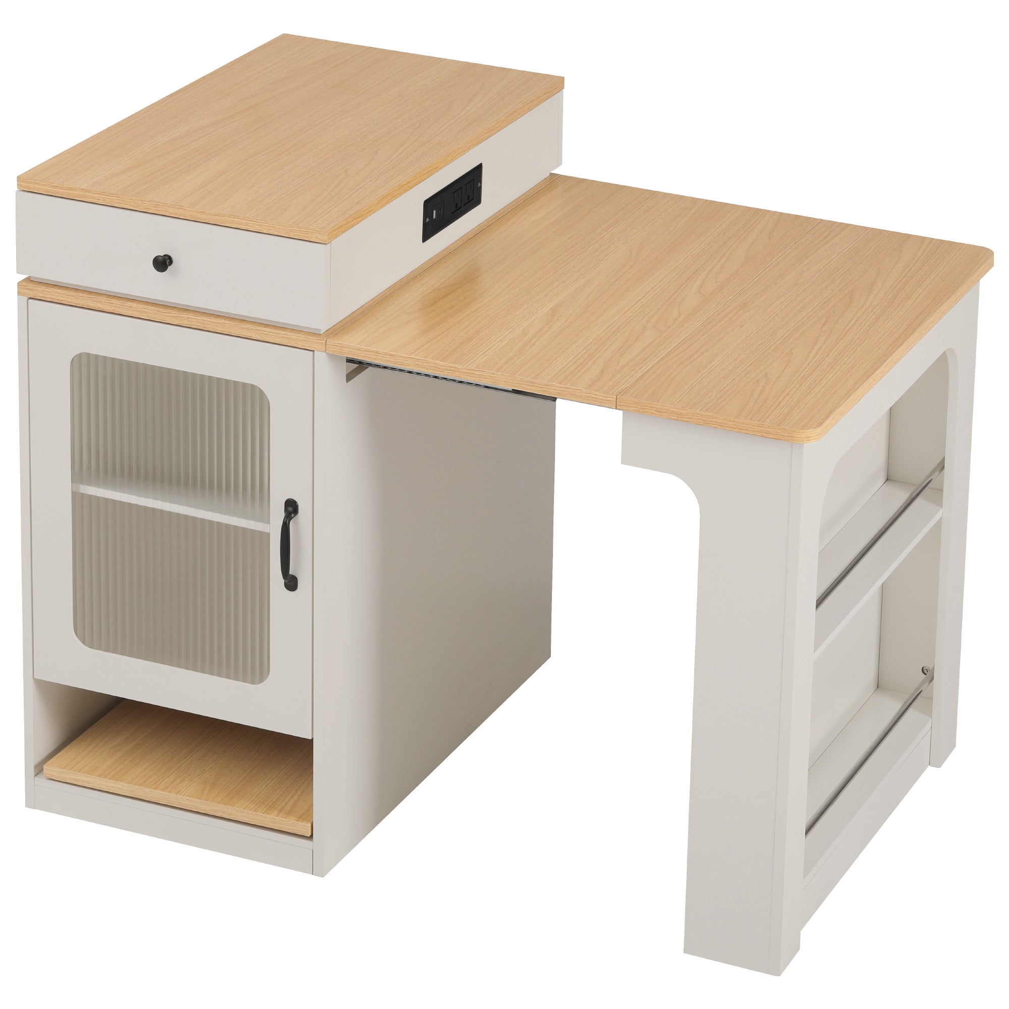 59.5 Inch Extendable Kitchen Island with Dining Table Storage Drawers Power Outlet and Double Sided Shelves White
