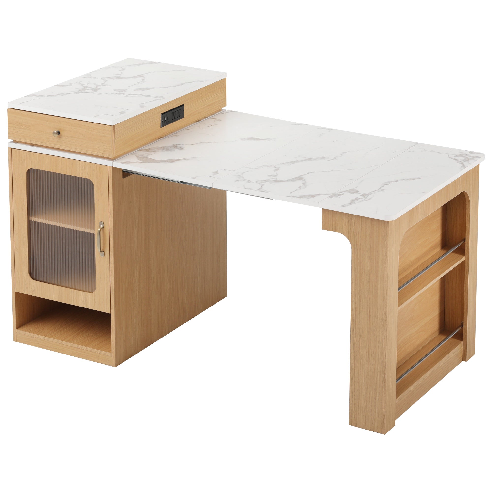 59.5 Inch Extendable Kitchen Island with Dining Table Storage Drawers Power Outlet and Double Sided Shelves Natural