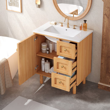 30 Inch Farmhouse Bathroom Vanity with Ceramic Sink 3 Drawers 1 Large Soft Closing Door Storage Cabinet Ideal for Home