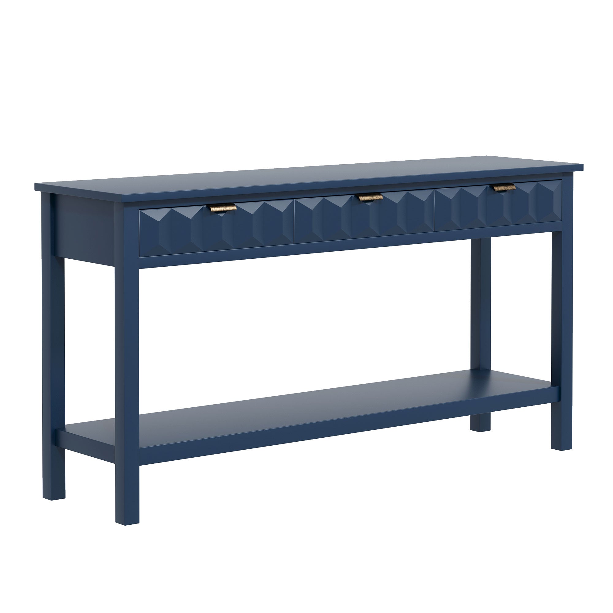 60 Inch Fir Veneer Console Table with Honeycomb Pattern Drawers and Solid Fir Legs for Entryway Living Room Navy Blue