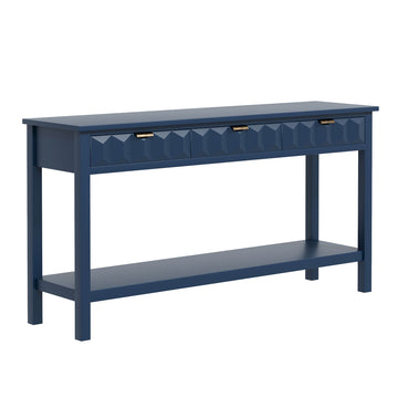 60 Inch Fir Veneer Console Table with Honeycomb Pattern Drawers and Solid Fir Legs for Entryway Living Room Navy Blue