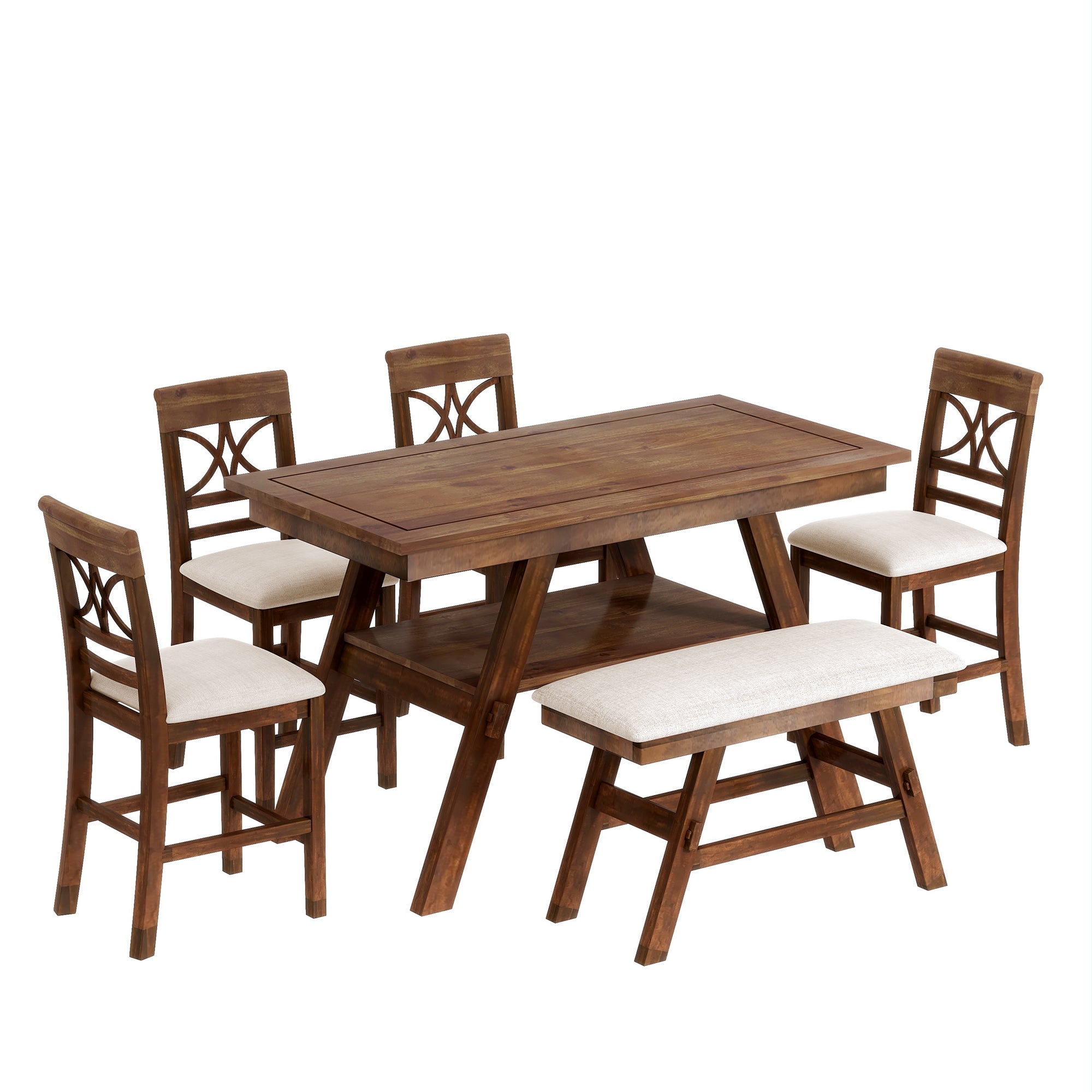 6-Piece Wood Counter Height Dining Table Set with Storage Shelf, Kitchen Table Set with Bench and 4 Chairs,Rustic Style, Walnut+Beige Cushion (old sku: SH000257AAD)
