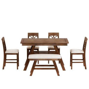 6-Piece Wood Counter Height Dining Table Set with Storage Shelf, Kitchen Table Set with Bench and 4 Chairs,Rustic Style, Walnut+Beige Cushion (old sku: SH000257AAD)