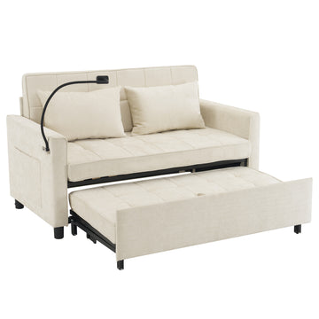 56.9 inch Loveseat Sofa Pull-out Sofa Bed Sleeper Sofa with a Reversible Backrest Cushion Side Pockets Two USB Ports and a Phone Holder for Living Room Beige