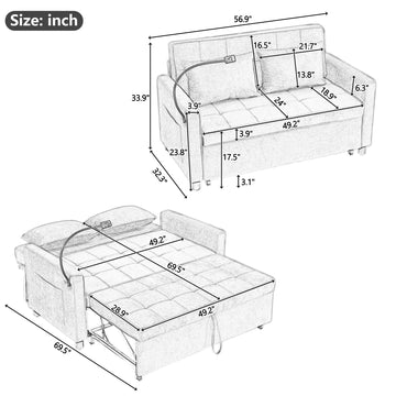 56.9 inch Loveseat Sofa Pull-out Sofa Bed Sleeper Sofa with a Reversible Backrest Cushion Side Pockets Two USB Ports and a Phone Holder for Living Room Beige