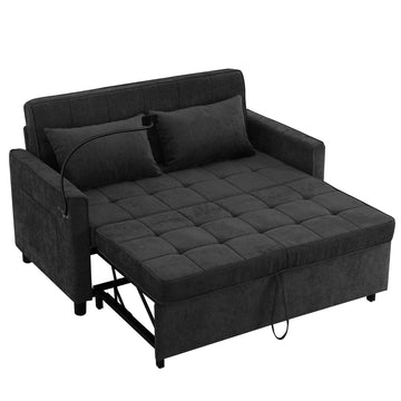 56.9 inch Loveseat Sofa Pull-out Sofa Bed Sleeper Sofa with a Reversible Backrest Cushion Side Pockets Two USB Ports and a Phone Holder for Living Room Black