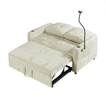 53.9 inch Modern Loveseat Pull-out Sofa Bed with Adjustable Backrest Two Cup Holders a Phone Holder Three Charging Ports and Side Storage Pockets for Living Room Beige