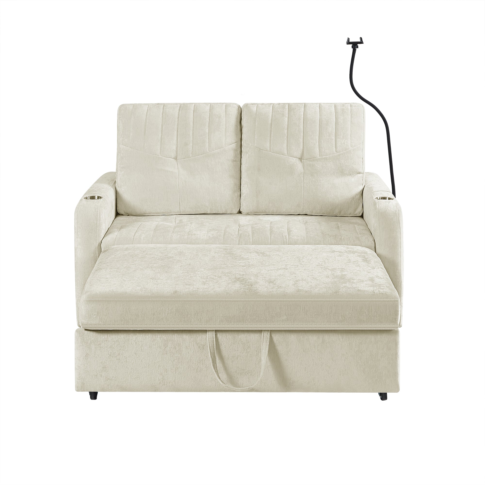 53.9 inch Modern Loveseat Pull-out Sofa Bed with Adjustable Backrest Two Cup Holders a Phone Holder Three Charging Ports and Side Storage Pockets for Living Room Beige