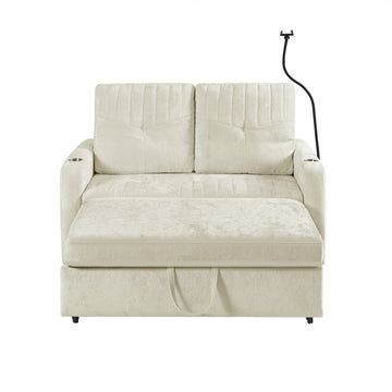 53.9 inch Modern Loveseat Pull-out Sofa Bed with Adjustable Backrest Two Cup Holders a Phone Holder Three Charging Ports and Side Storage Pockets for Living Room Beige