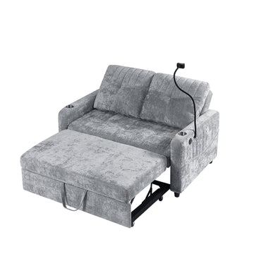 53.9 inch Modern Loveseat Pull-out Sofa Bed with Adjustable Backrest Two Cup Holders a Phone Holder Three Charging Ports and Side Storage Pockets for Living Room Grey