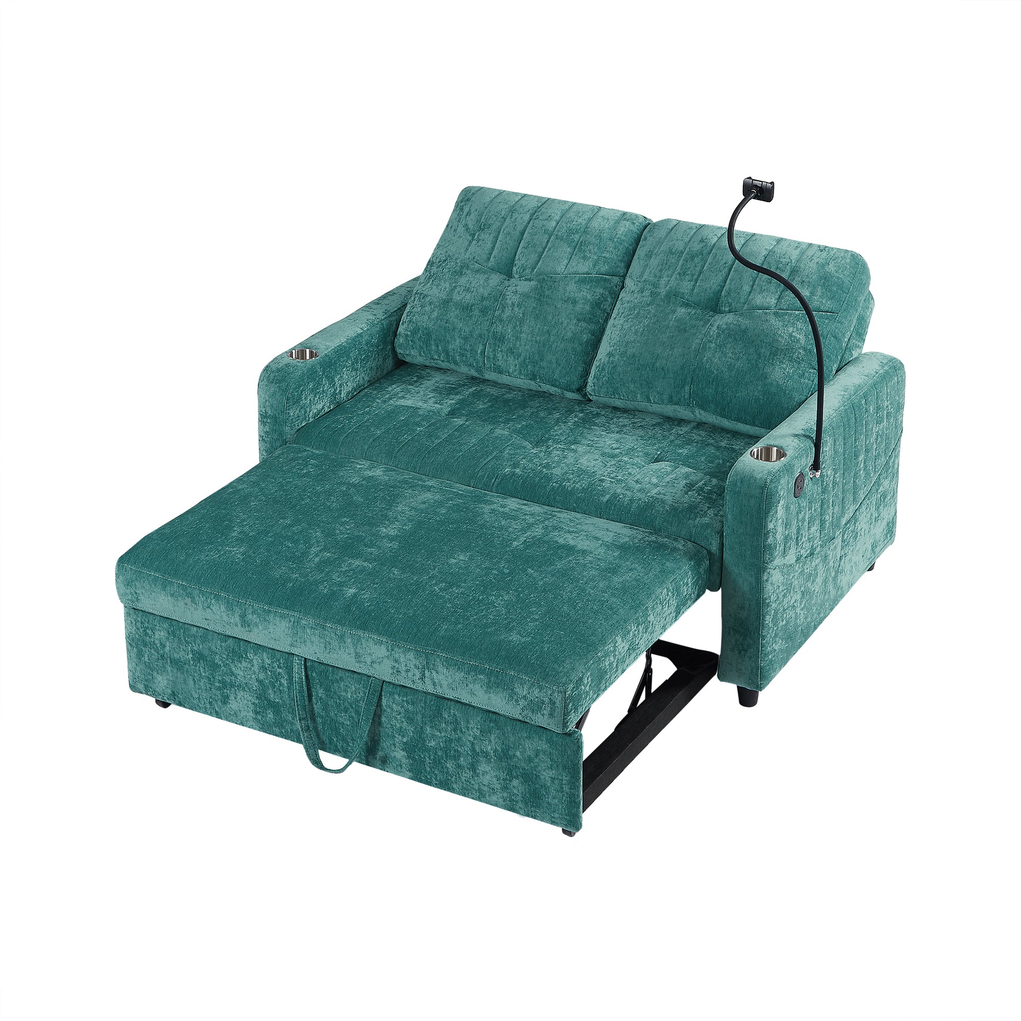 53.9 inch Modern Loveseat Pull-out Sofa Bed with Adjustable Backrest Two Cup Holders a Phone Holder Three Charging Ports and Side Storage Pockets for Living Room Teal