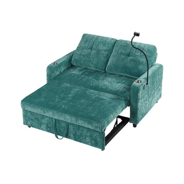 53.9 inch Modern Loveseat Pull-out Sofa Bed with Adjustable Backrest Two Cup Holders a Phone Holder Three Charging Ports and Side Storage Pockets for Living Room Teal