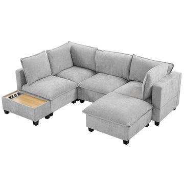 90 inch U-shaped Sectional Sofa Modular Sofa Couch with Movable Ottoman and Coffee Table with Hidden Charging Devices for Living Room Grey