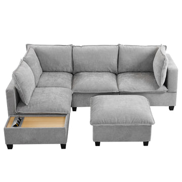 90 inch U-shaped Sectional Sofa Modular Sofa Couch with Movable Ottoman and Coffee Table with Hidden Charging Devices for Living Room Grey