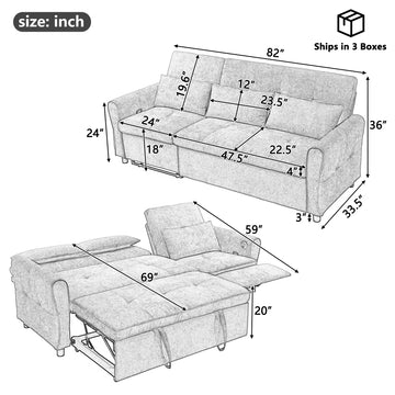 2-in-1 Sofa 82 in. Three-seater Sofa with a Sofa Bed and a Reversible Recliner Sofa for Living Room, Beige