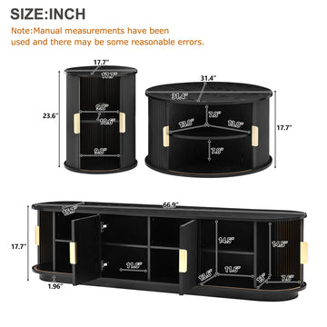 Wood TV Stand and Coffee Table Set with Fluted Sliding Doors for TVs up to 75 Inch Golden Handles Black