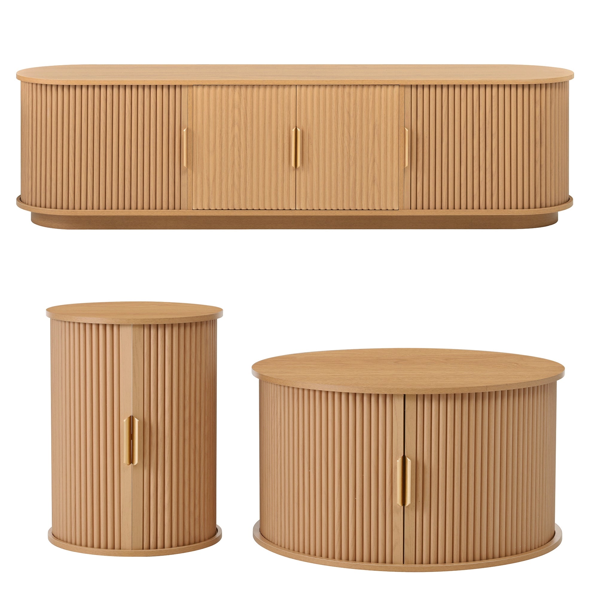 Wood TV Stand and Coffee Table Set with Fluted Sliding Door for TVs up to 75 Inch Golden Handles Natural Teak