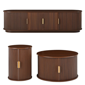 Wood TV Stand and Coffee Table Set with Fluted Sliding Doors for TVs up to 75 Inch Golden Handles Walnut