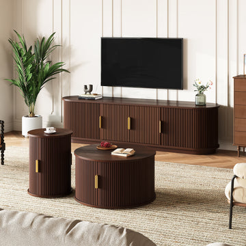 Wood TV Stand and Coffee Table Set with Fluted Sliding Doors for TVs up to 75 Inch Golden Handles Walnut