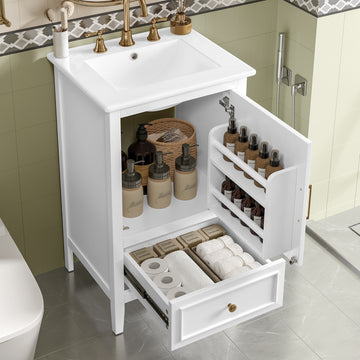 20 Inch Bathroom Vanity with Sink Cabinet with One Door Drawer Shelf Storage and Adjustable Foot Pads White