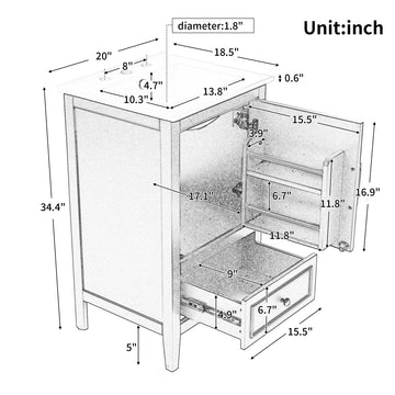 20 Inch Bathroom Vanity with Sink Cabinet with One Door Drawer Shelf Storage and Adjustable Foot Pads White